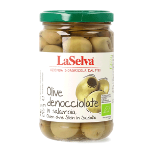 Organic pitted green olives in brine 295g